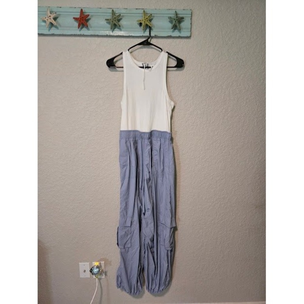 Daily Practice by Anthropologie Mixed Media Cargo Jumpsuit White Blue Small